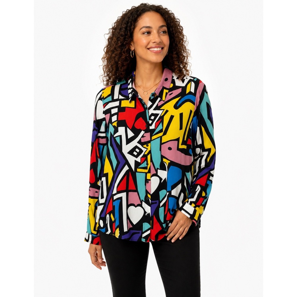 Big Dart Abstract Geometric Pop Art Button Down Shirt Multi Color Women Sz Large